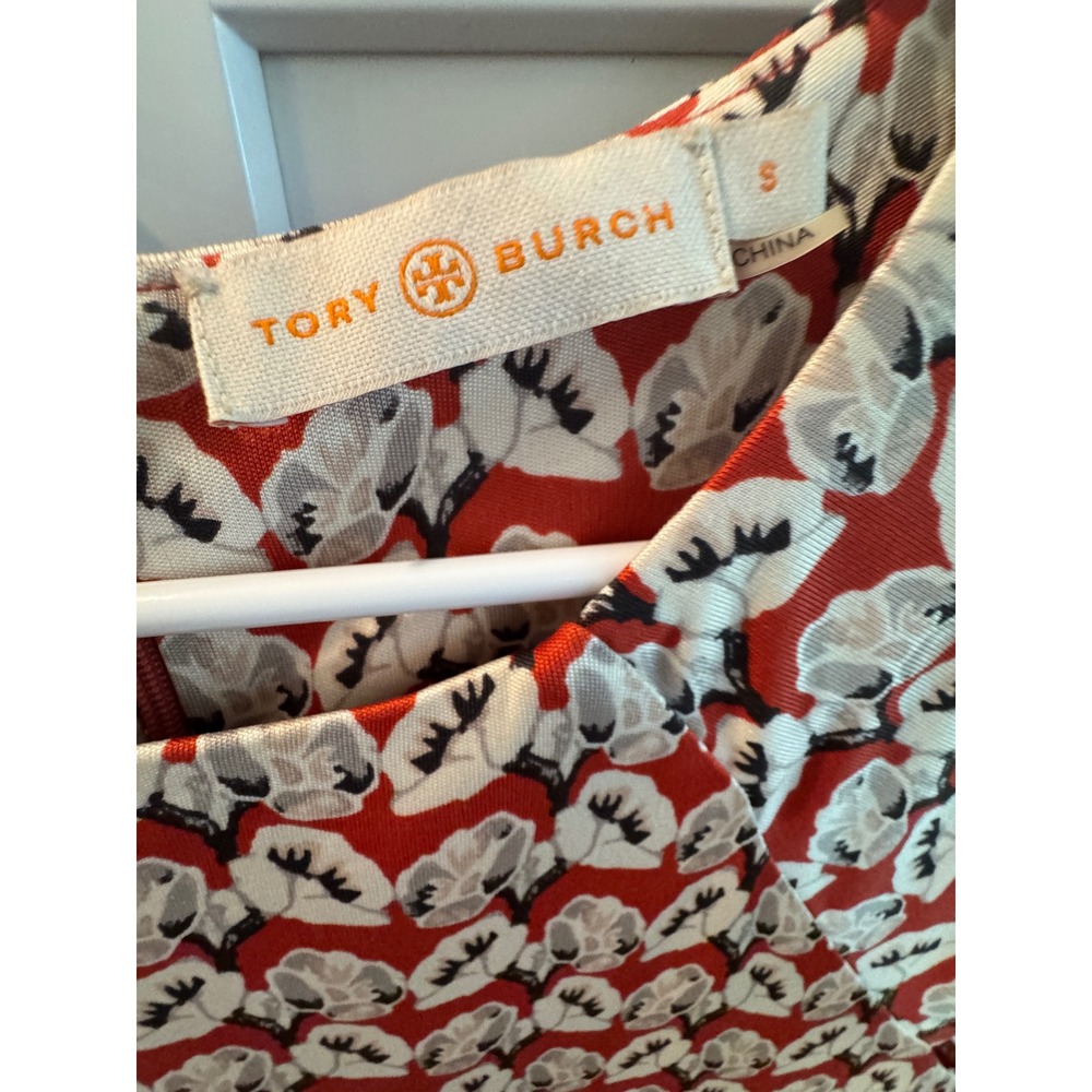 Tory Burch Red White Floral Print Short Sleeve Pleated Midi Dress Size S - Picture 2 of 6
